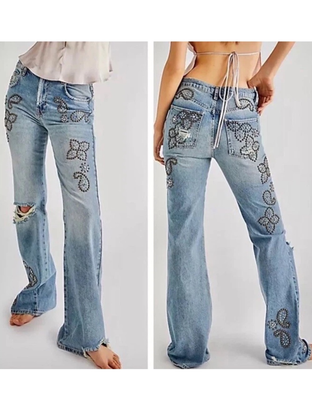 Free People We The Free Wiley Embellished Paisley Slim Flare Studded Jeans. 26